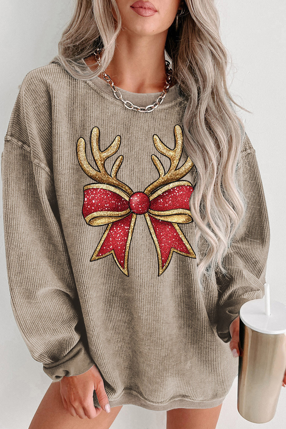 Christmas Ribbed Crew Neck Antler Bow Pullover Sweatshirt