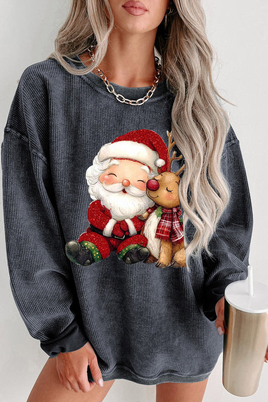 Santa Elk Print Knit Crew Neck Pullover Sweatshirt