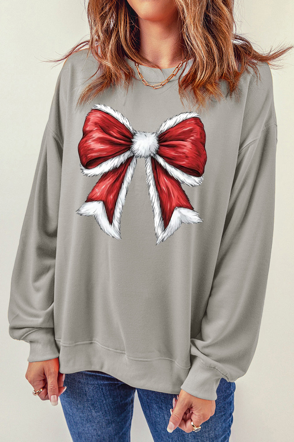 Christmas Big Bow Pattern Crew Neck Pullover Sweatshirt