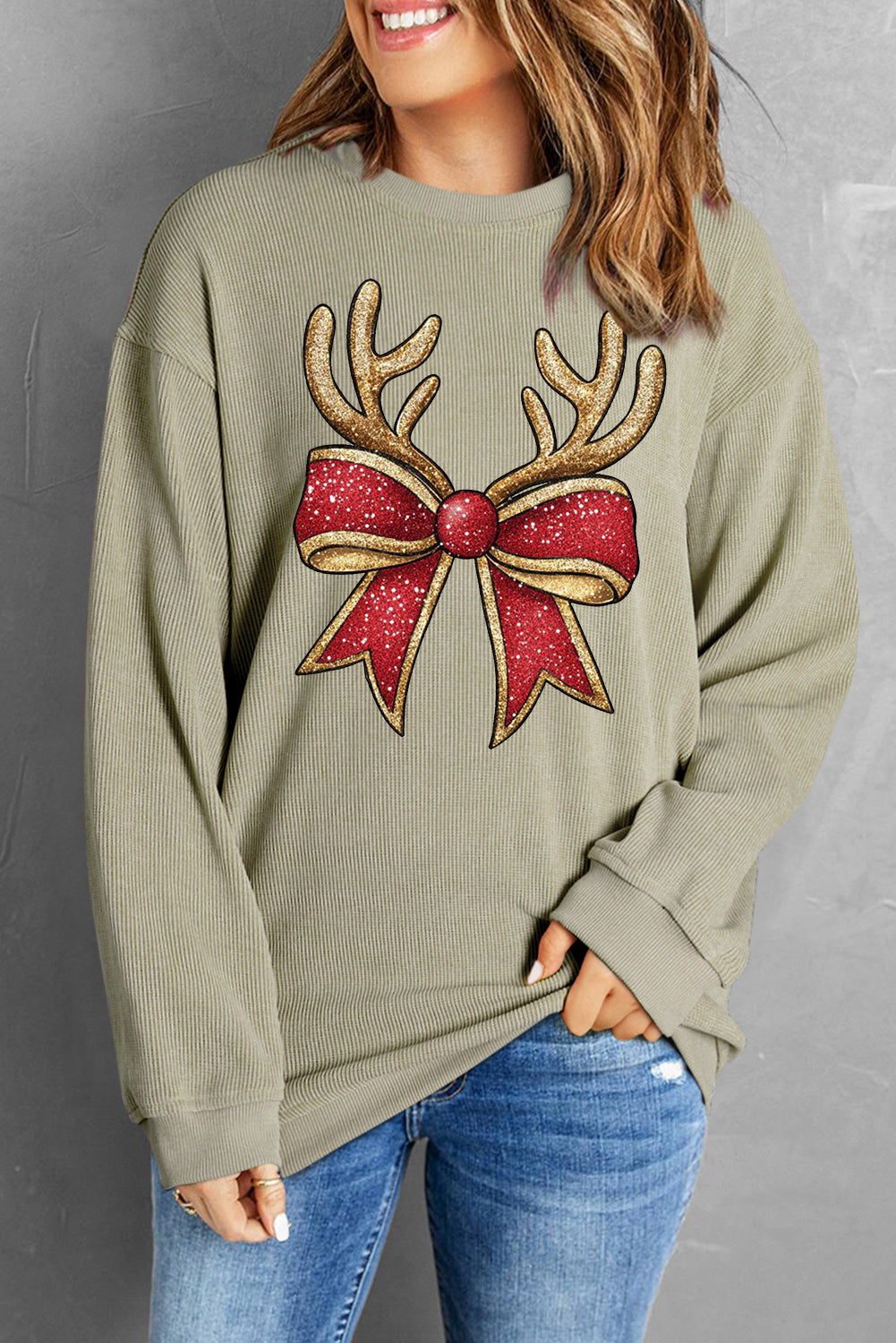 Christmas Ribbed Crew Neck Antler Bow Pullover Sweatshirt