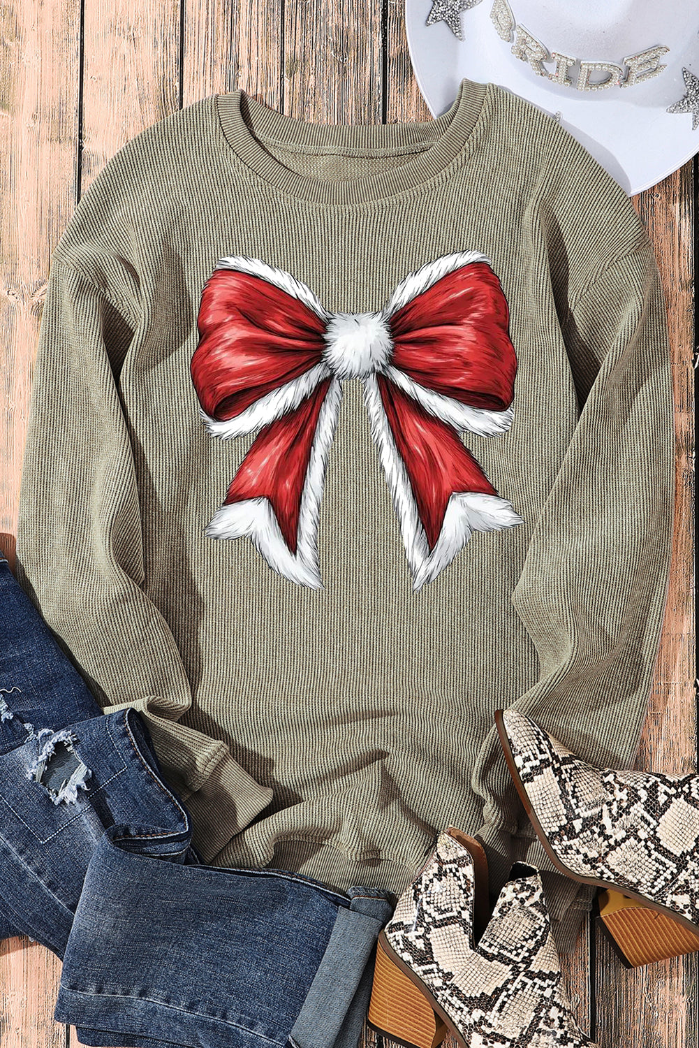 Plain Round Neck Red Big Bow Pattern Pullover Sweatshirt