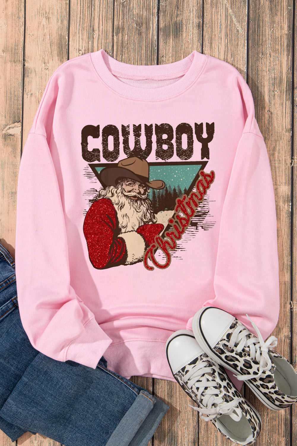 Cowboy Boy Printed Solid Color Crew Neck Pullover Sweatshirt