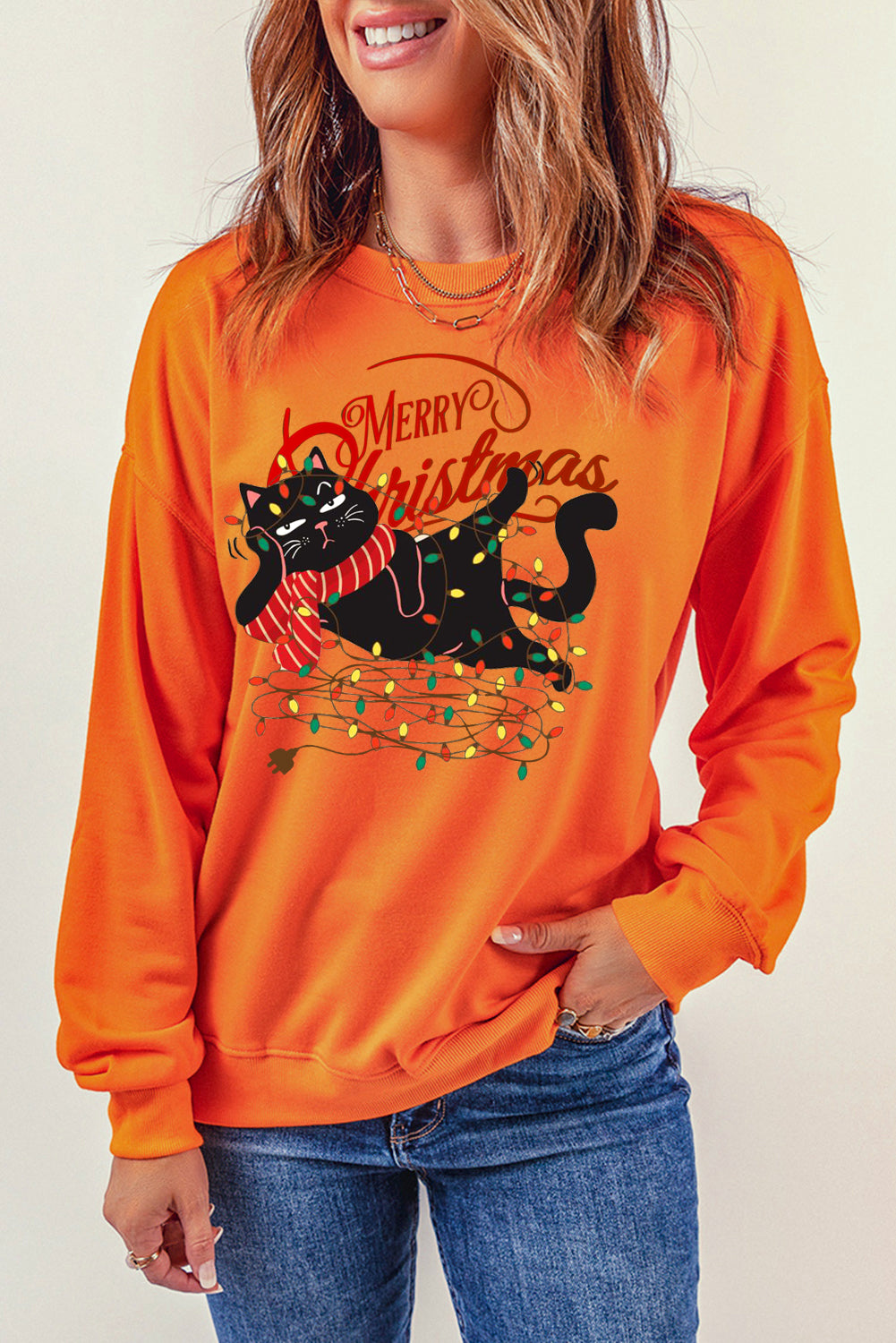 Christmas Wacky Cat String Lights Print Crew Neck Pullover Sweatshirt