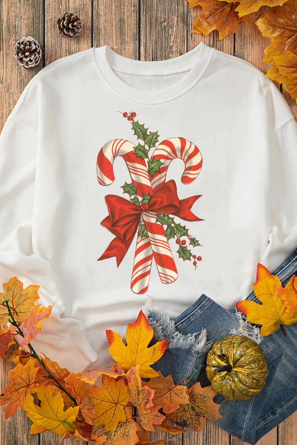 Christmas Cane Candy Pattern Crew Neck Pullover Sweatshirt