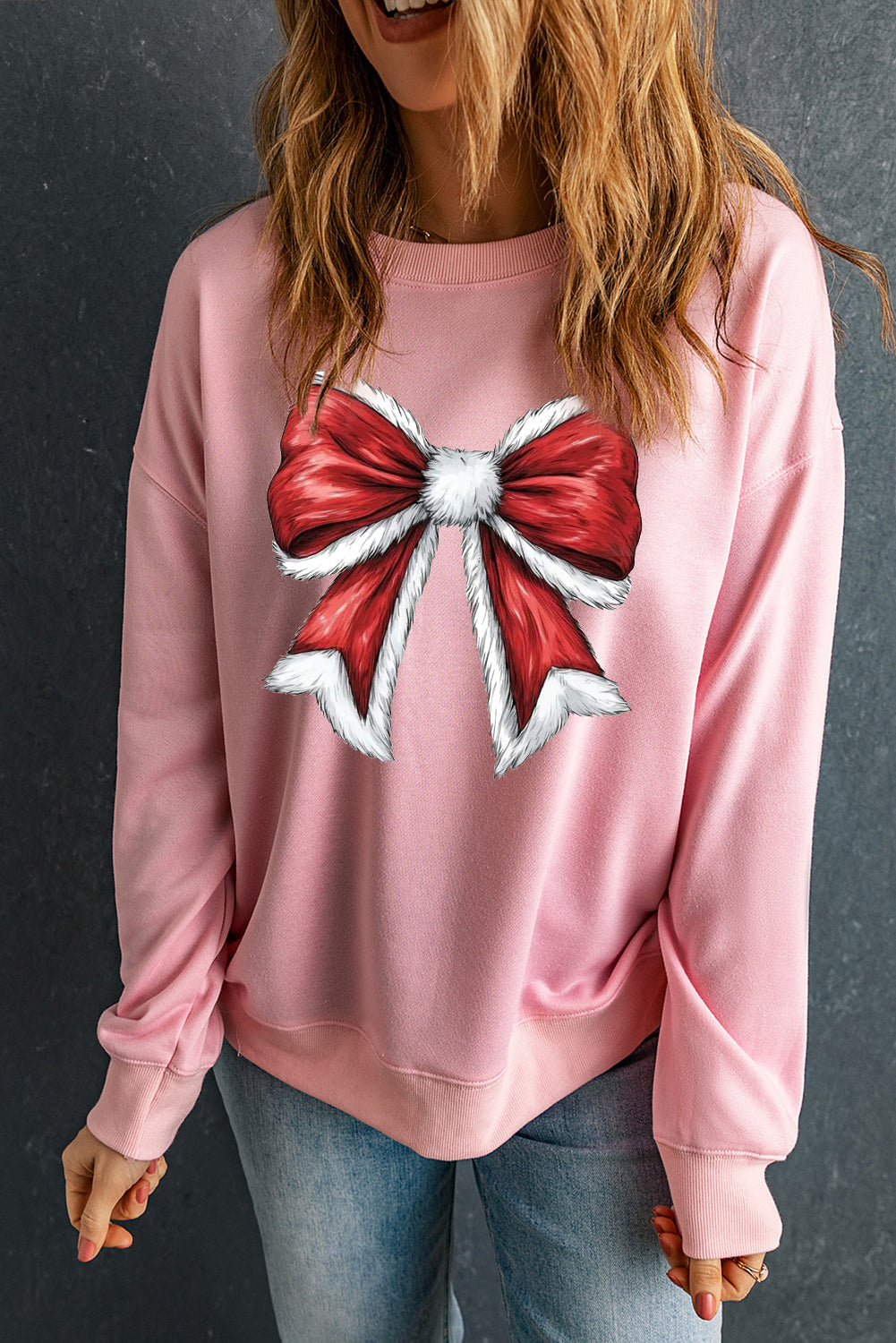 Christmas Big Bow Pattern Crew Neck Pullover Sweatshirt