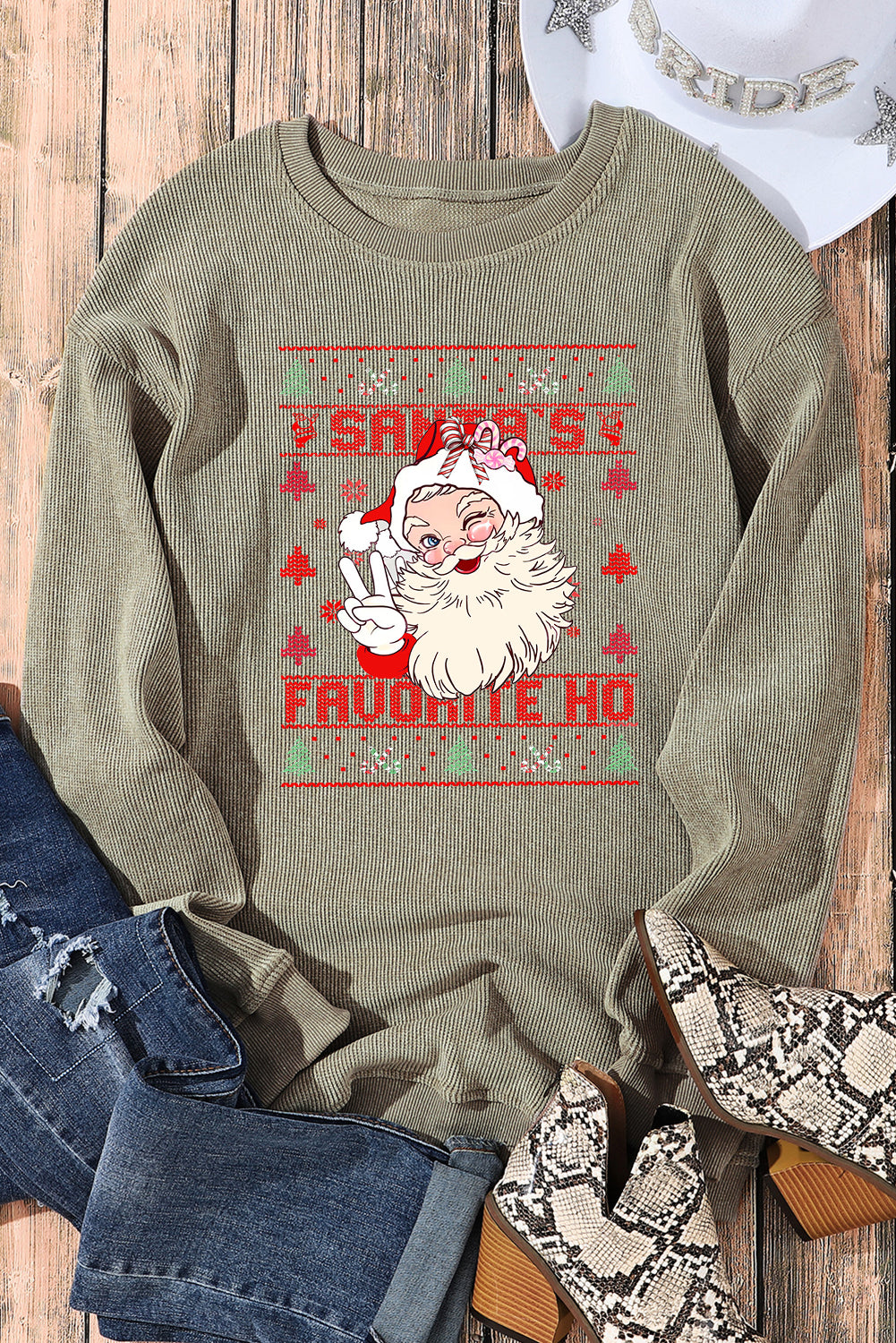 Plain Crew Neck Cute Santa Pattern Pullover Sweatshirt