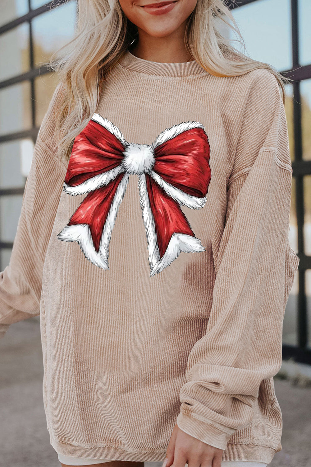 Christmas round neck big bow pattern pullover sweater