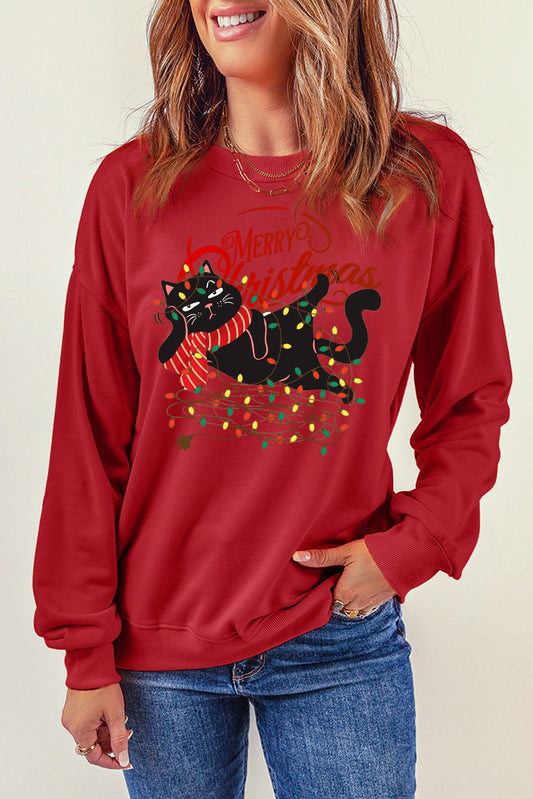 Christmas Wacky Cat String Lights Print Crew Neck Pullover Sweatshirt