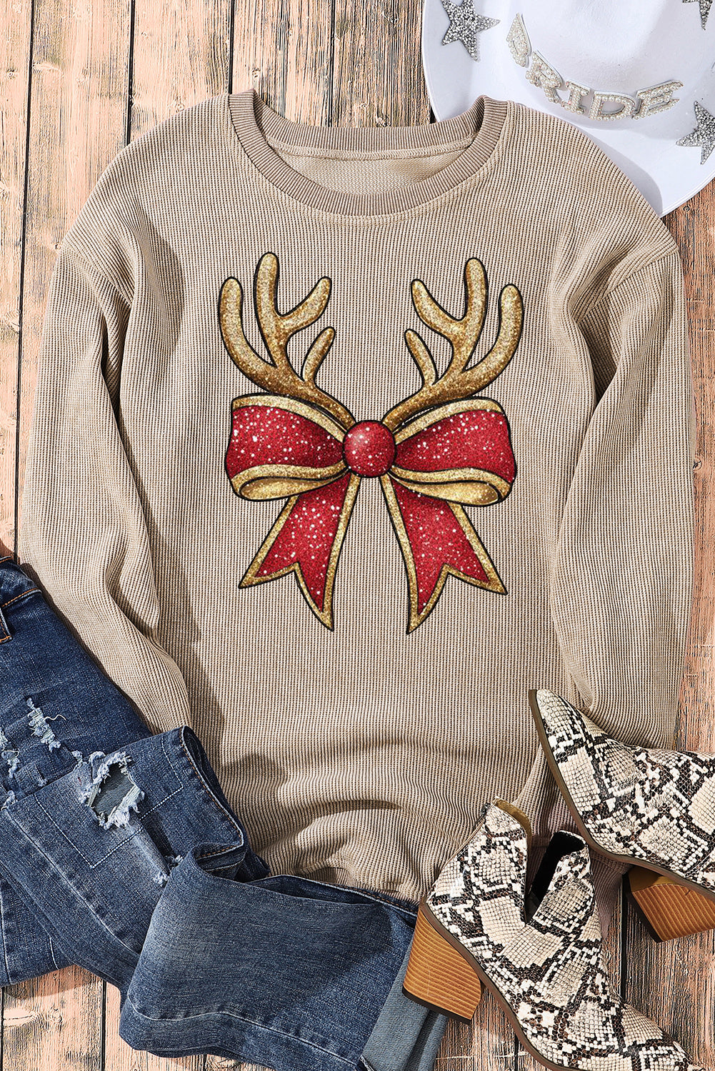 Christmas Ribbed Crew Neck Antler Bow Pullover Sweatshirt