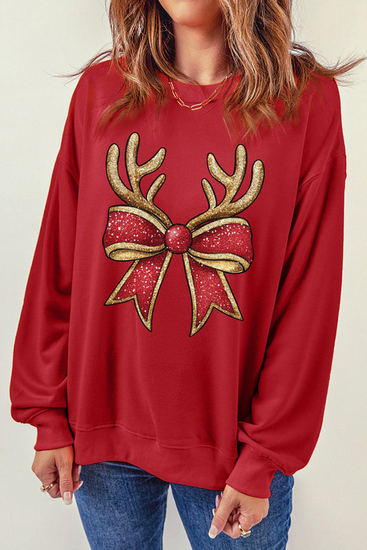 Christmas Antlers Bow Pattern Crew Neck Pullover Sweatshirt