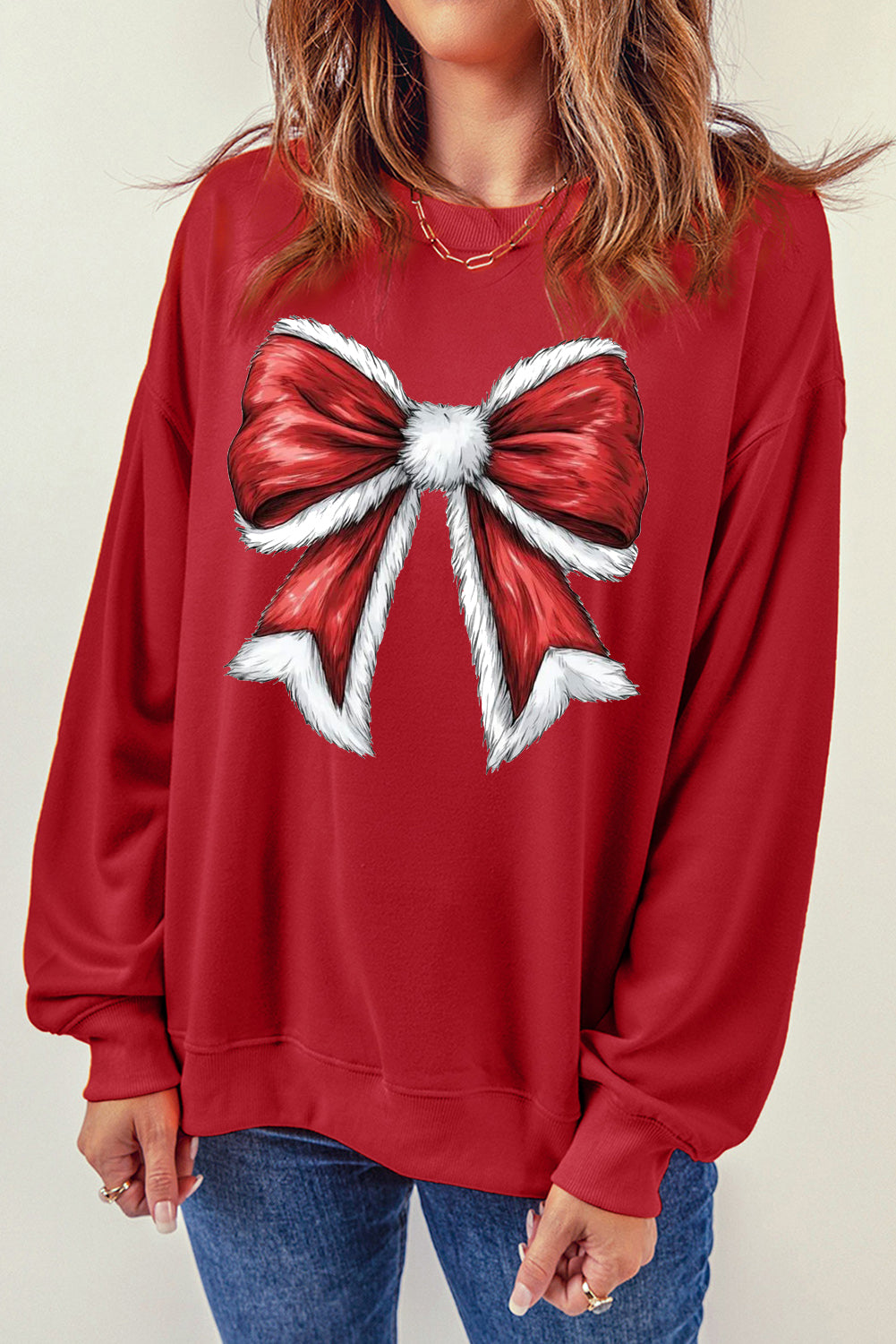 Christmas Big Bow Pattern Crew Neck Pullover Sweatshirt