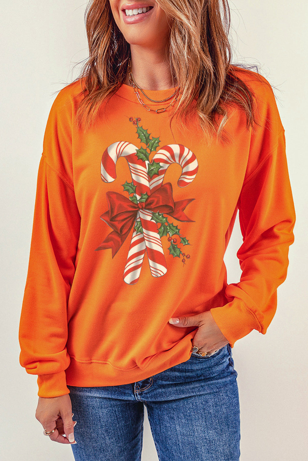 Christmas Cane Candy Pattern Crew Neck Pullover Sweatshirt