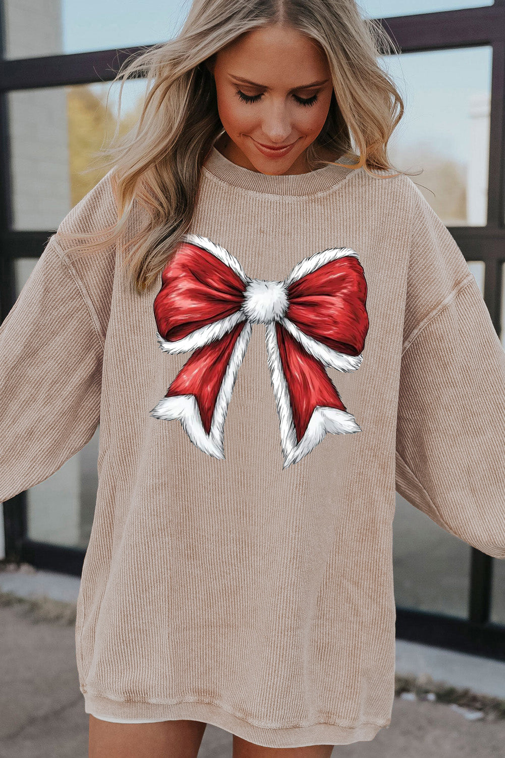 Christmas round neck big bow pattern pullover sweater