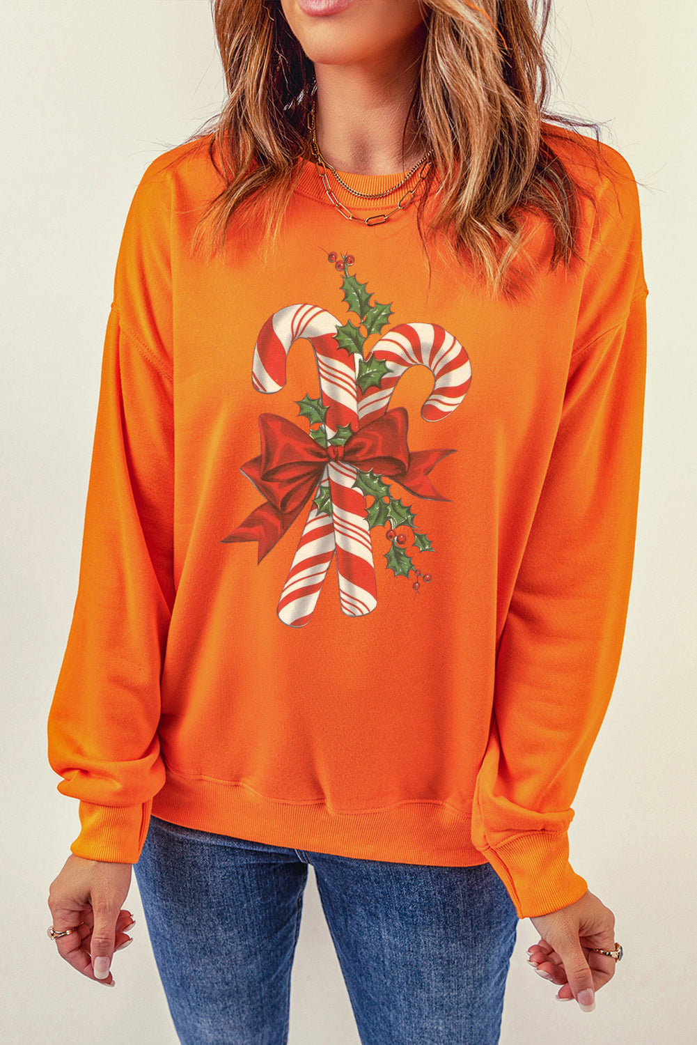 Christmas Cane Candy Pattern Crew Neck Pullover Sweatshirt