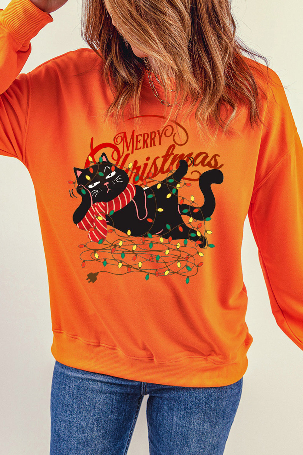 Christmas Wacky Cat String Lights Print Crew Neck Pullover Sweatshirt