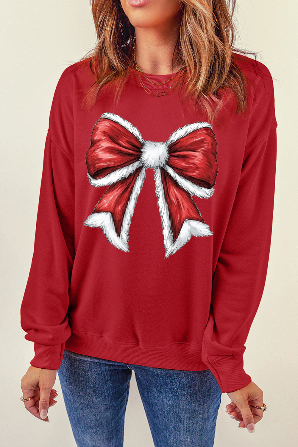 Christmas Big Bow Pattern Crew Neck Pullover Sweatshirt