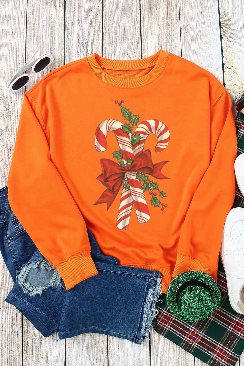 Christmas Cane Candy Pattern Crew Neck Pullover Sweatshirt