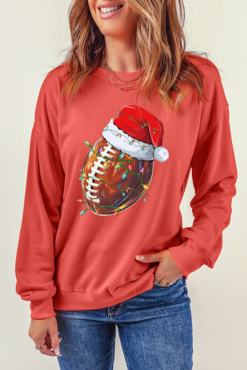 Christmas Baseball Santa Hat Pattern Crew Neck Pullover Sweatshirt