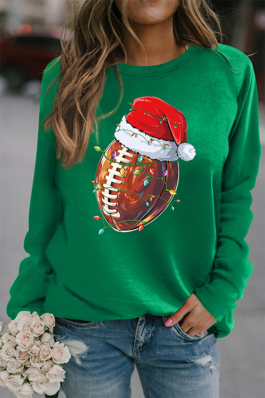 Christmas Ribbed Crew Neck Rugby Christmas Hat Pullover Sweatshirt