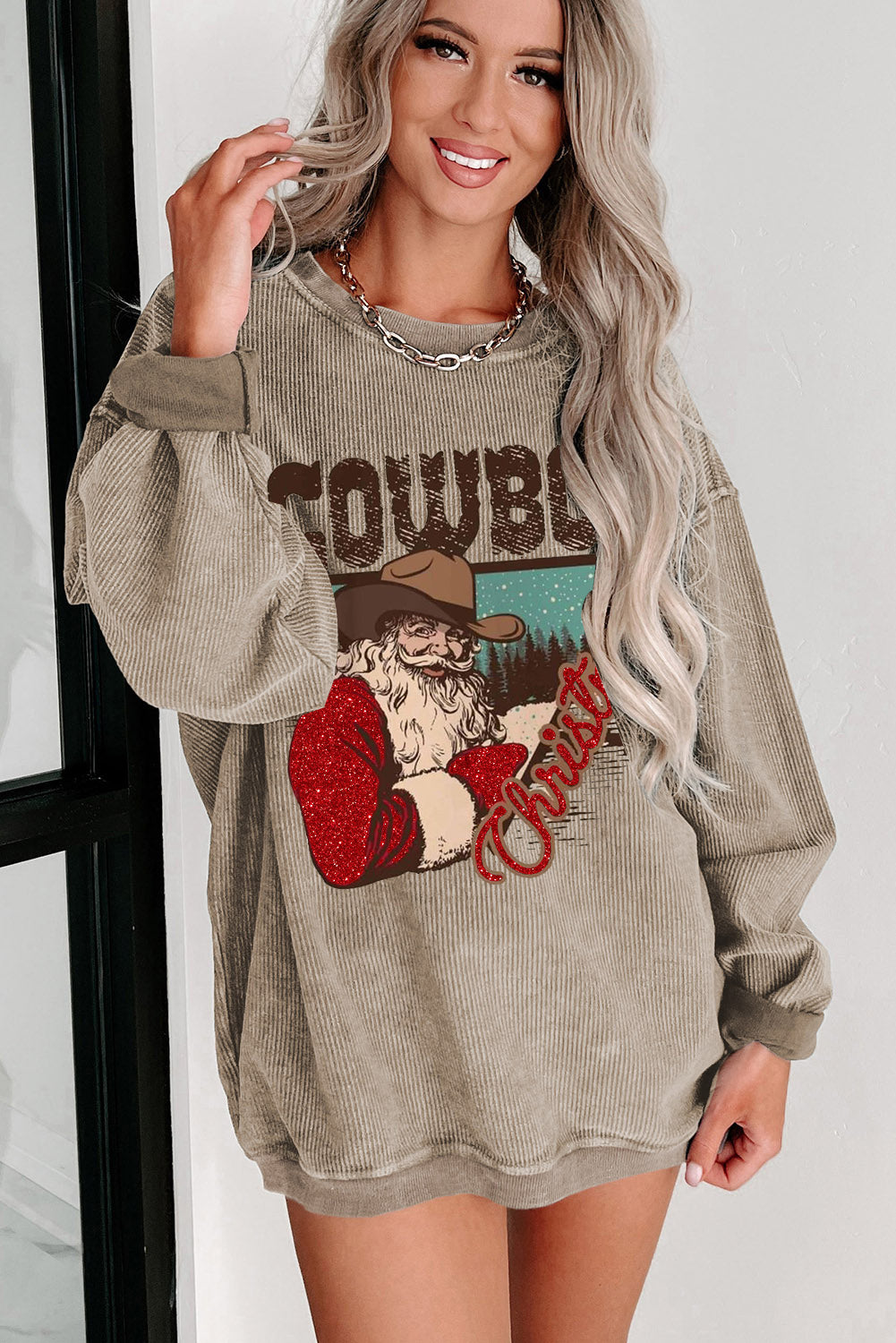 Christmas Cowboy Boy Printed Knit Crew Neck Pullover Sweatshirt