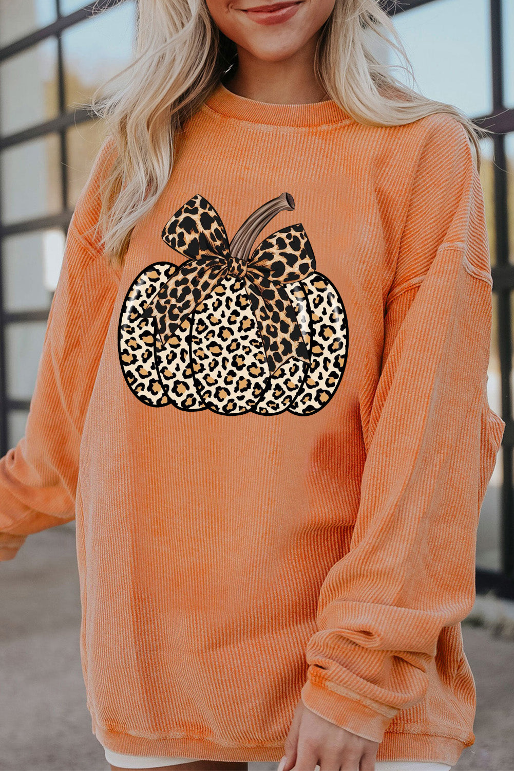 Halloween Pumpkin Ribbed Knit Crew Neck Pullover Sweatshirt