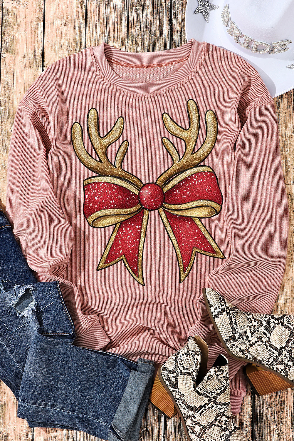 Christmas Ribbed Crew Neck Antler Bow Pullover Sweatshirt