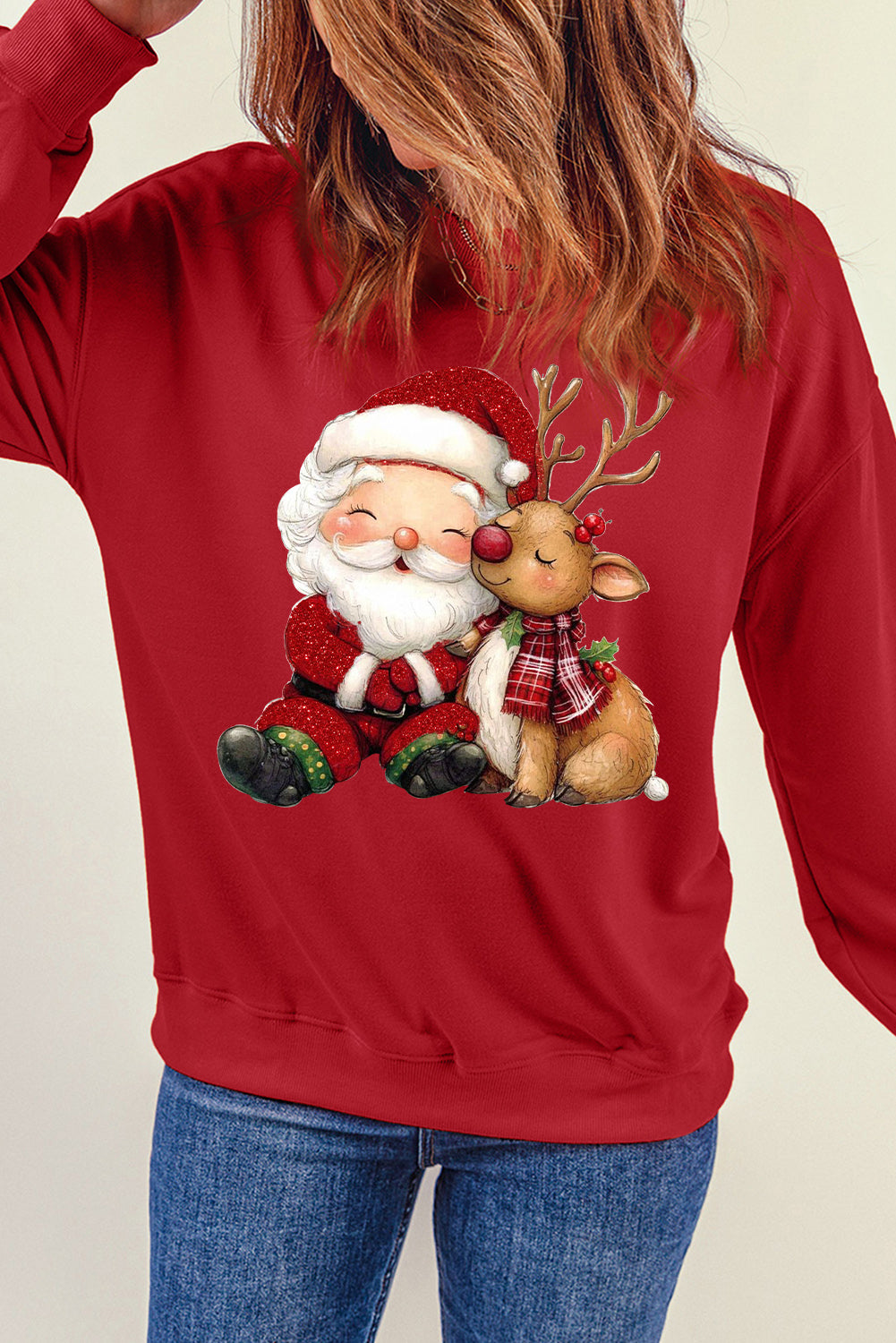 Santa Elk Solid Color Printed Crew Neck Pullover Sweatshirt