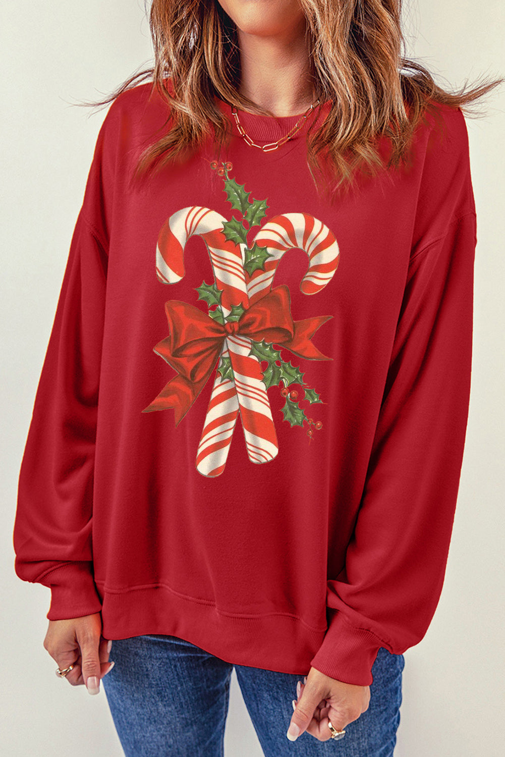 Christmas Cane Candy Pattern Crew Neck Pullover Sweatshirt