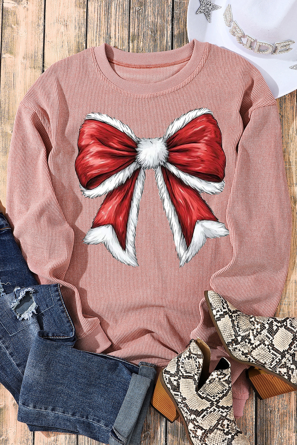 Plain Round Neck Red Big Bow Pattern Pullover Sweatshirt