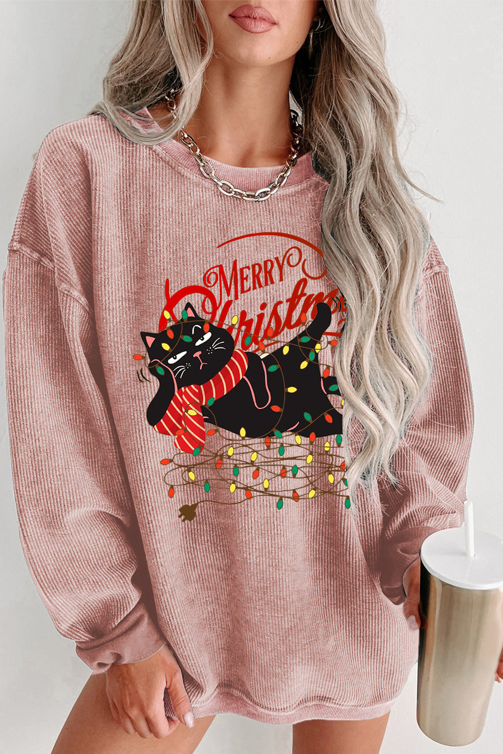 Christmas Wacky Cat Lights String Print Knit Crew Neck Pullover Sweatshirt