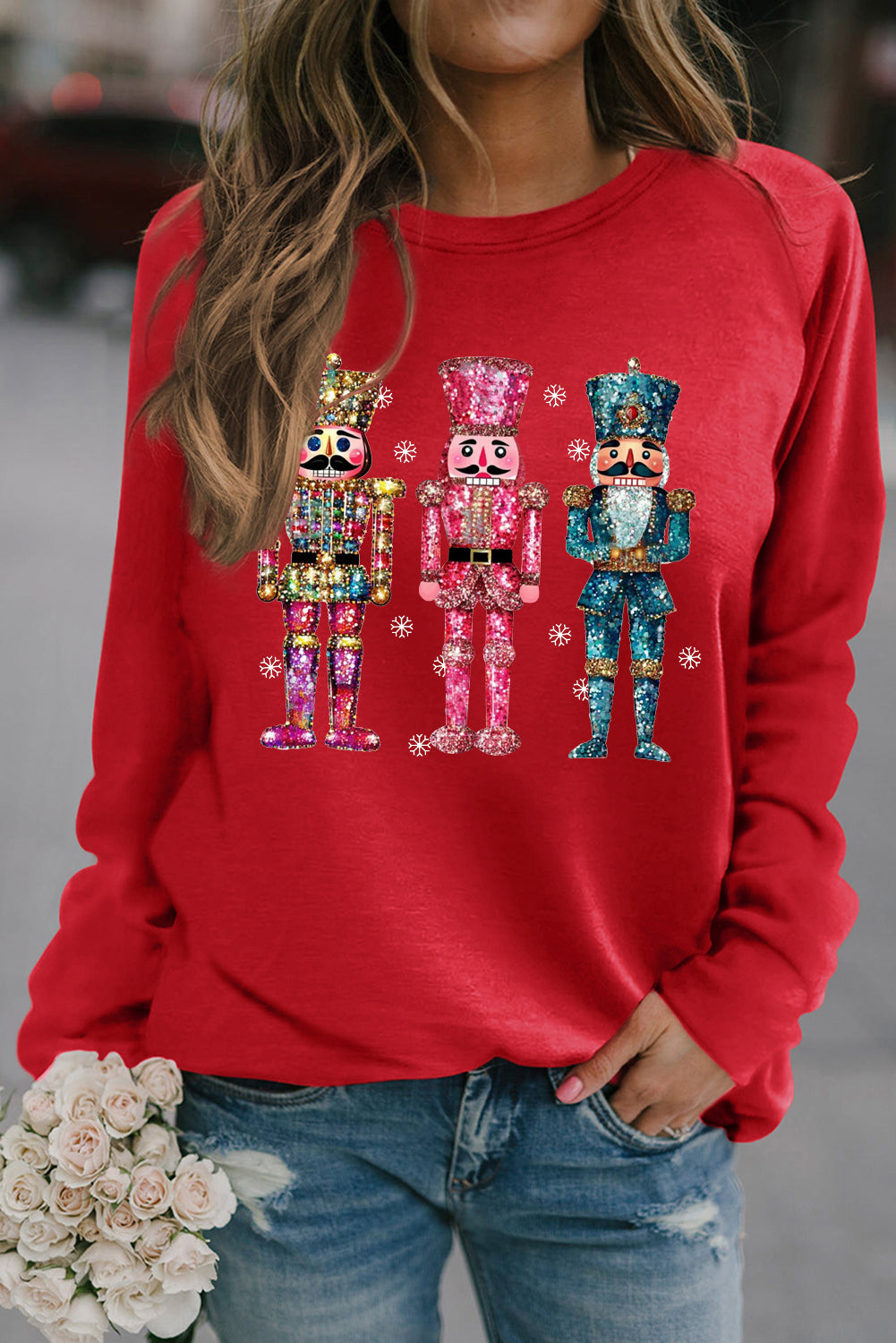 Solid Crew Neck Pullover Colorful Nutcracker Sweatshirt