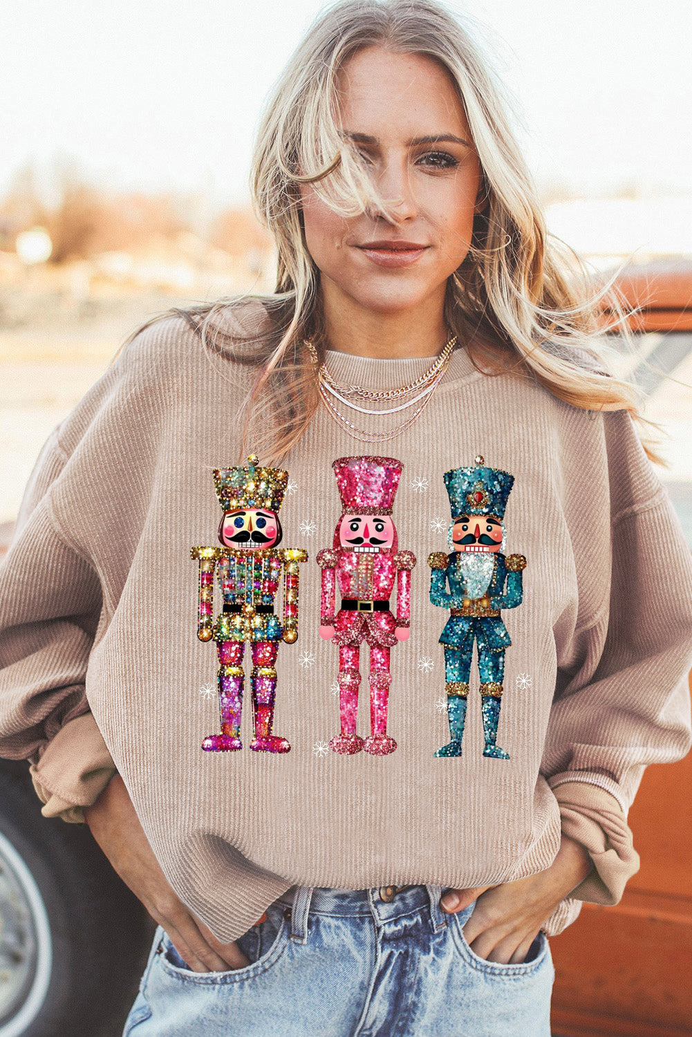 Ribbed Knit Nutcracker Pattern Crew Neck Pullover Sweatshirt