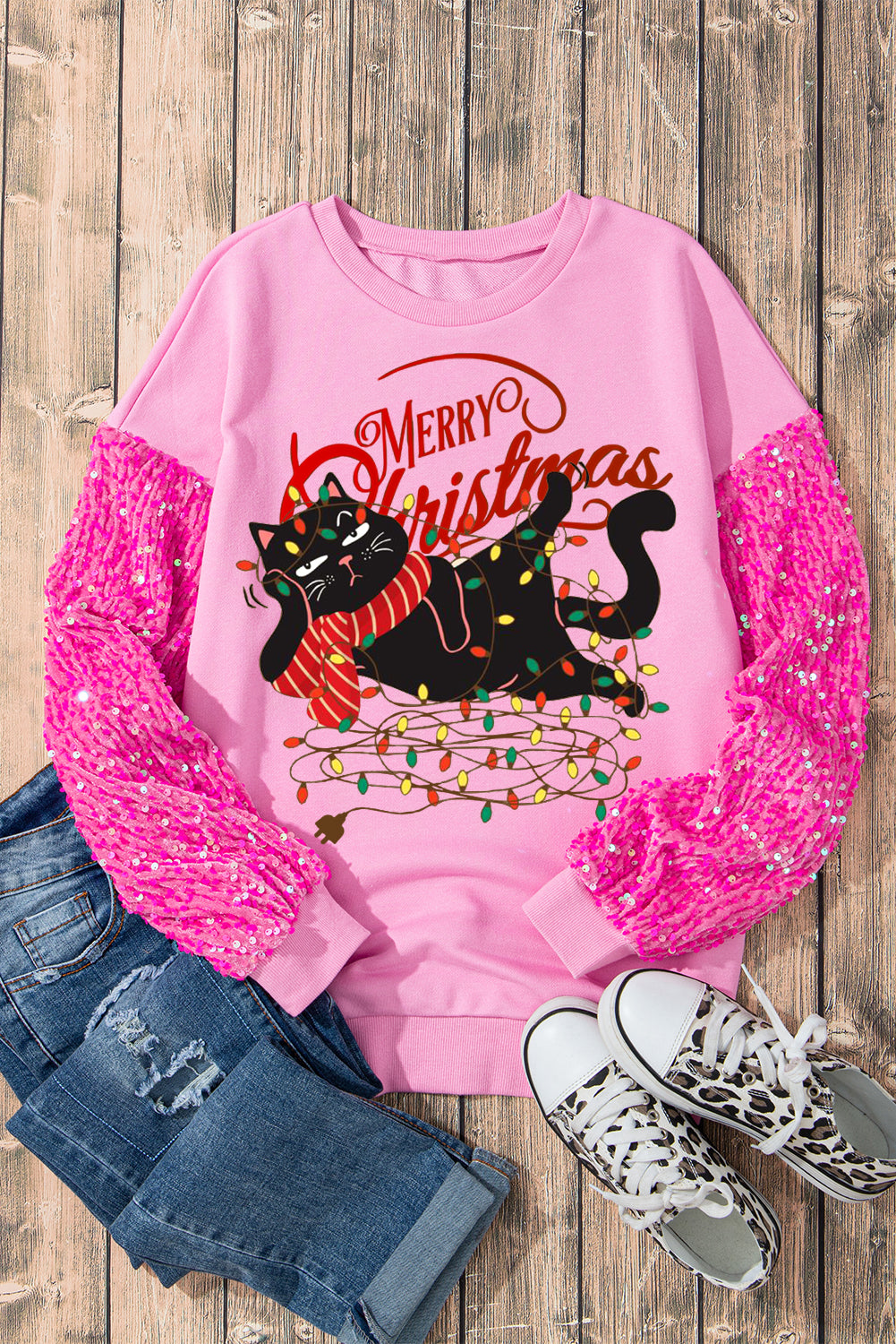 Merry Pink Sequined Black Cat Element Patchwork Long Sleeve Pullover