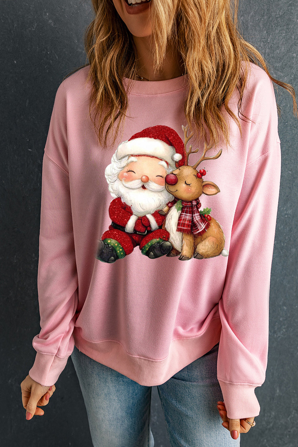 Santa Elk Solid Color Printed Crew Neck Pullover Sweatshirt