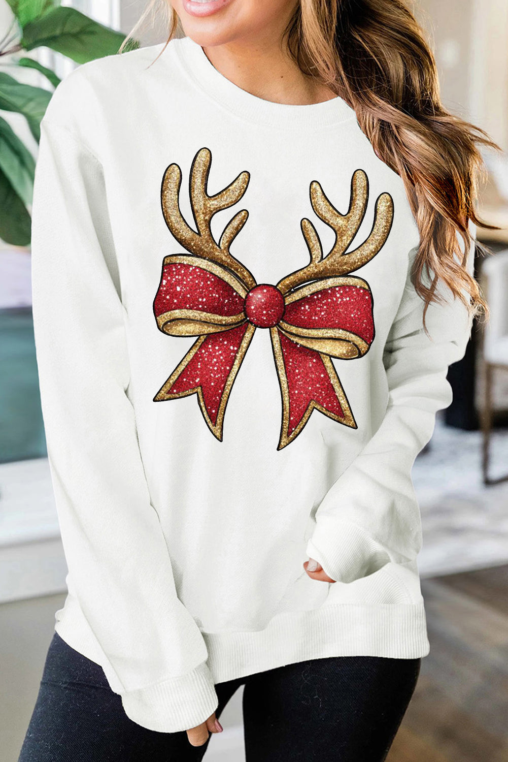 Christmas Wacky Cat String Lights Print Crew Neck Pullover Sweatshirt