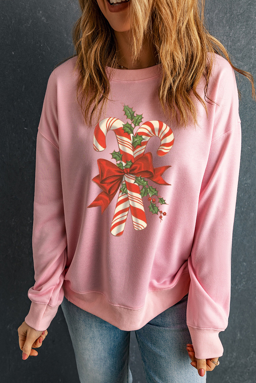 Christmas Cane Candy Pattern Crew Neck Pullover Sweatshirt