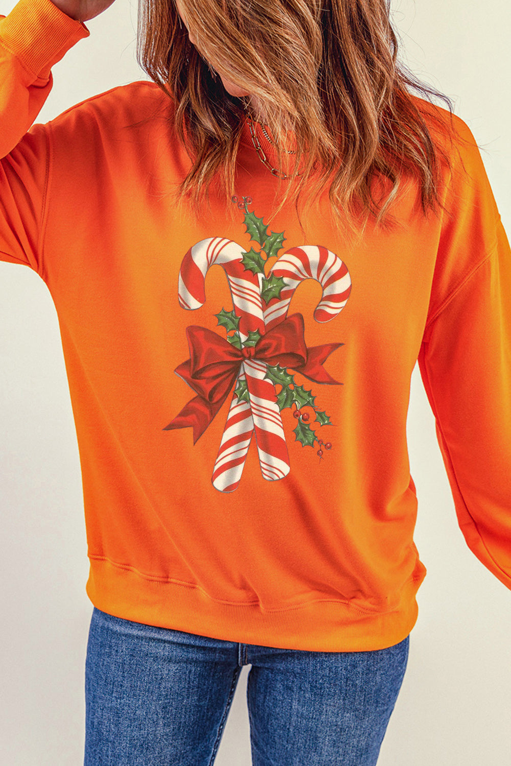 Christmas Cane Candy Pattern Crew Neck Pullover Sweatshirt