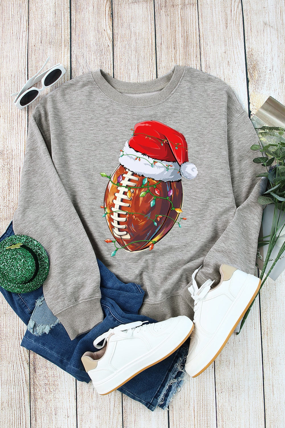 Christmas Baseball Santa Hat Pattern Crew Neck Pullover Sweatshirt