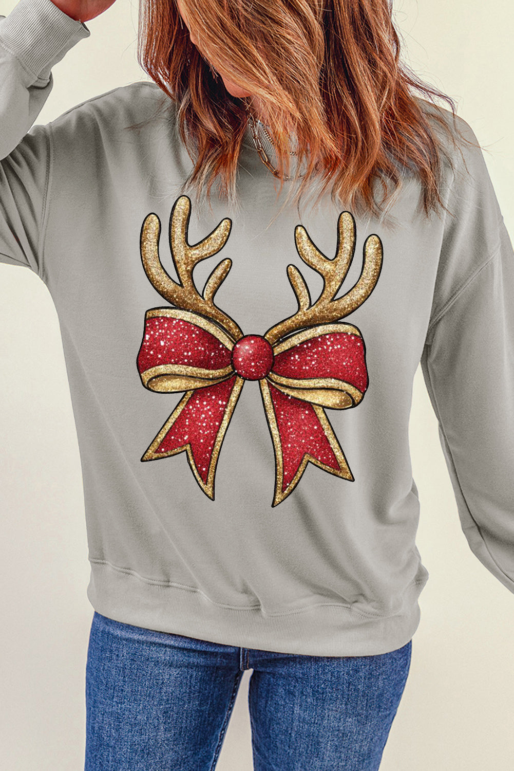 Christmas Wacky Cat String Lights Print Crew Neck Pullover Sweatshirt