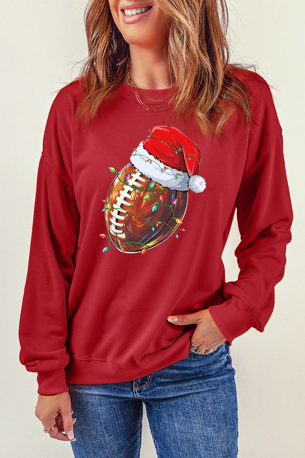 Christmas Baseball Santa Hat Pattern Crew Neck Pullover Sweatshirt