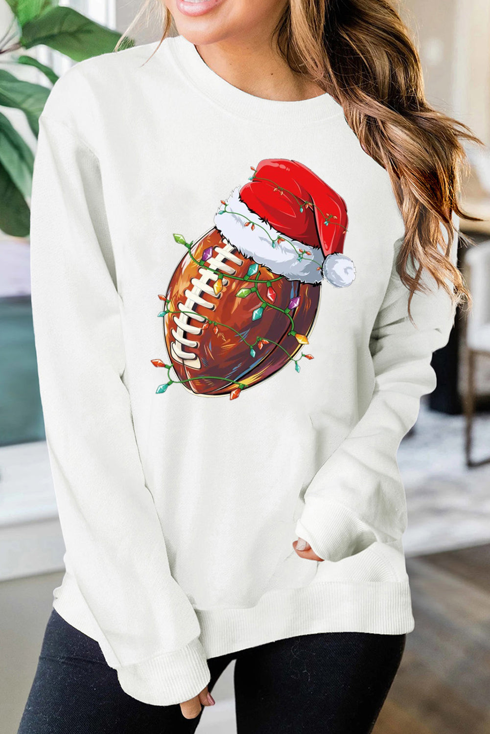 Christmas Baseball Santa Hat Pattern Crew Neck Pullover Sweatshirt