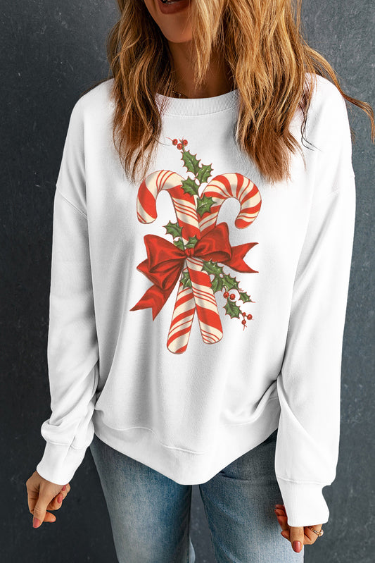 Christmas Cane Candy Pattern Crew Neck Pullover Sweatshirt