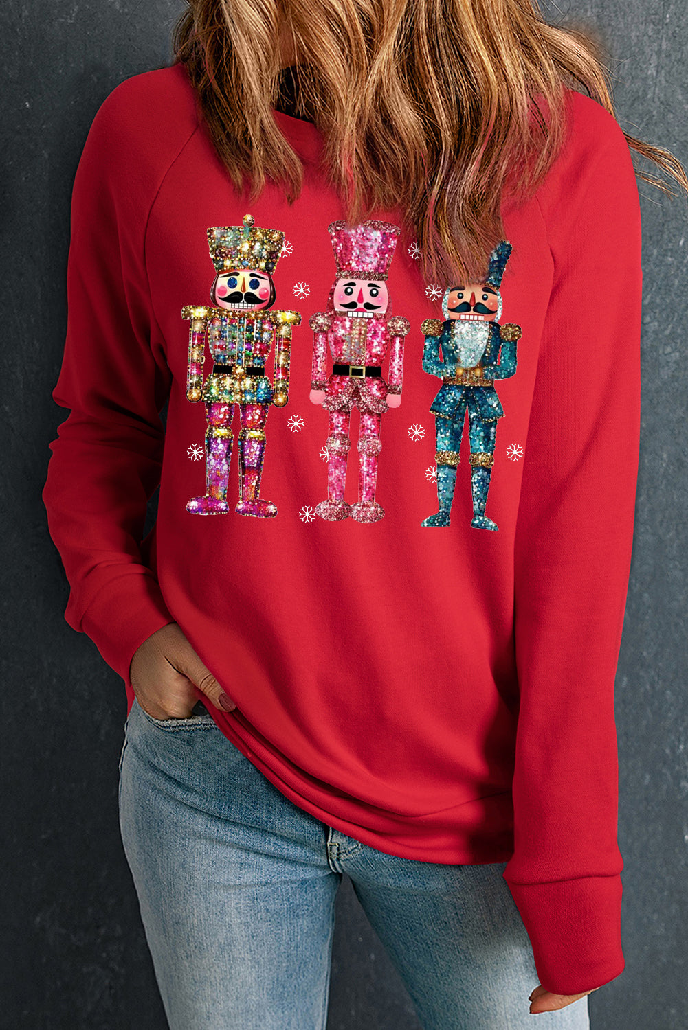 Solid Crew Neck Pullover Colorful Nutcracker Sweatshirt