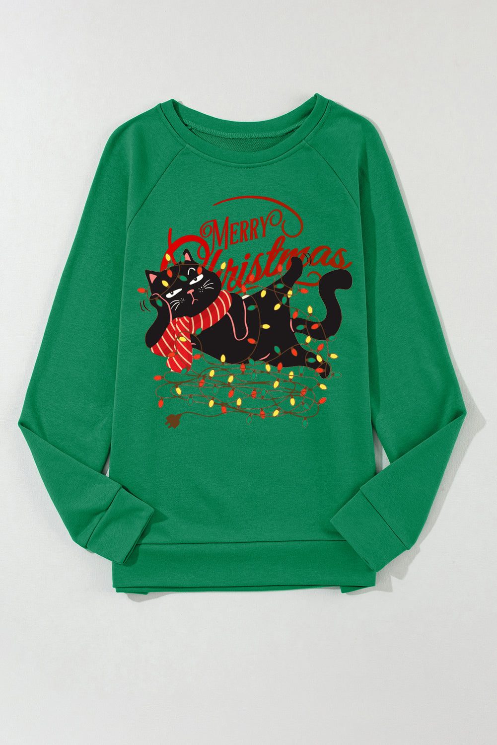 Crew Neck Wacky Cat String Light Print Pullover Sweatshirt