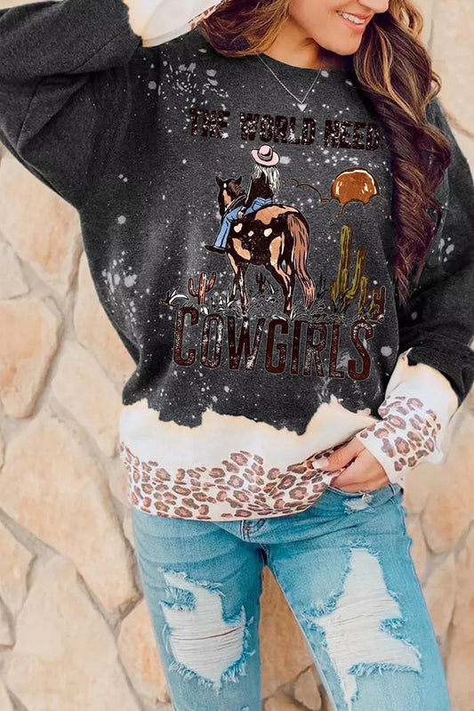 Bleached Pullover Western Cowgirl Pattern Sweatshirt