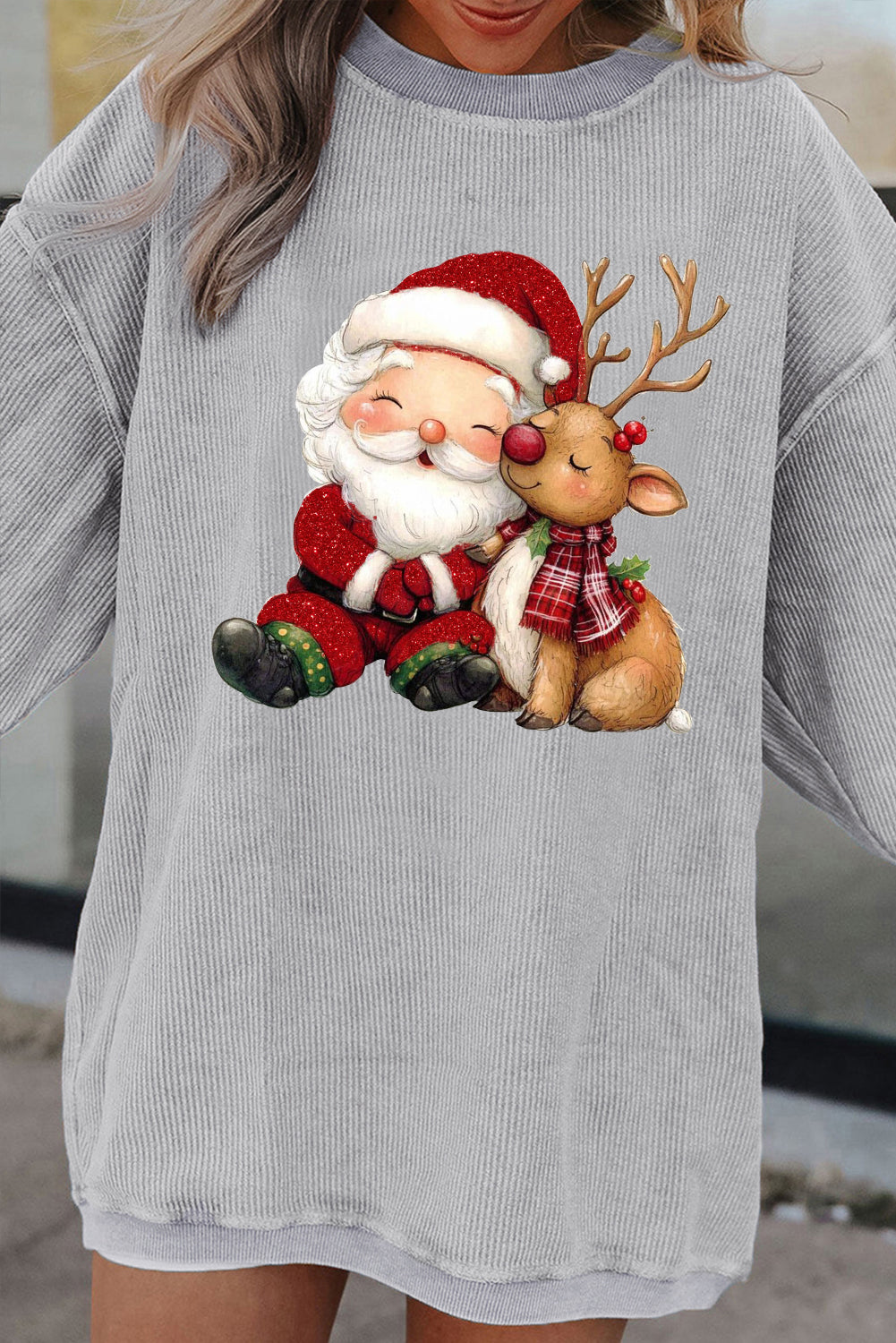 Cozy Christmas Santa Claus and Reindeer Pattern Oversized Sweater