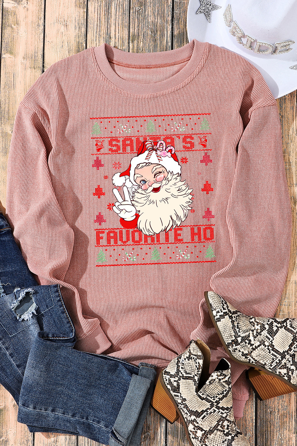 Plain Crew Neck Cute Santa Pattern Pullover Sweatshirt