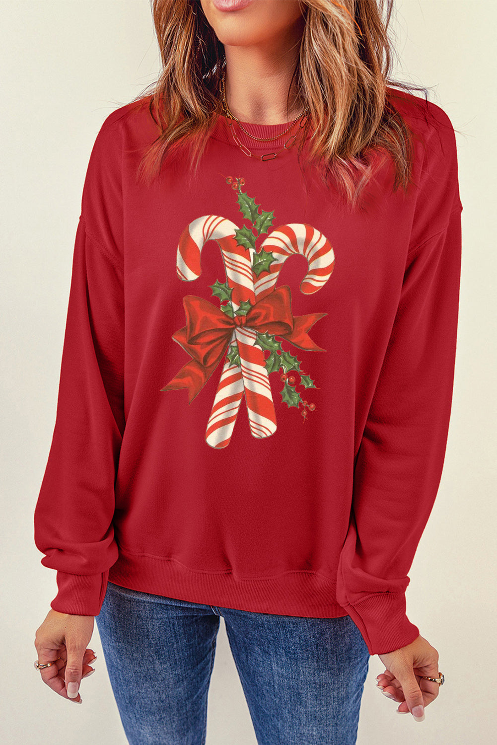 Christmas Cane Candy Pattern Crew Neck Pullover Sweatshirt