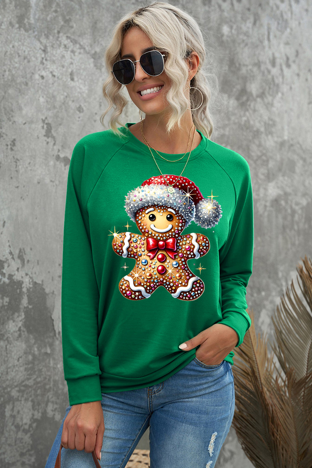 Christmas Ribbed Crew Neck Bear Christmas Hat Pullover Sweatshirt