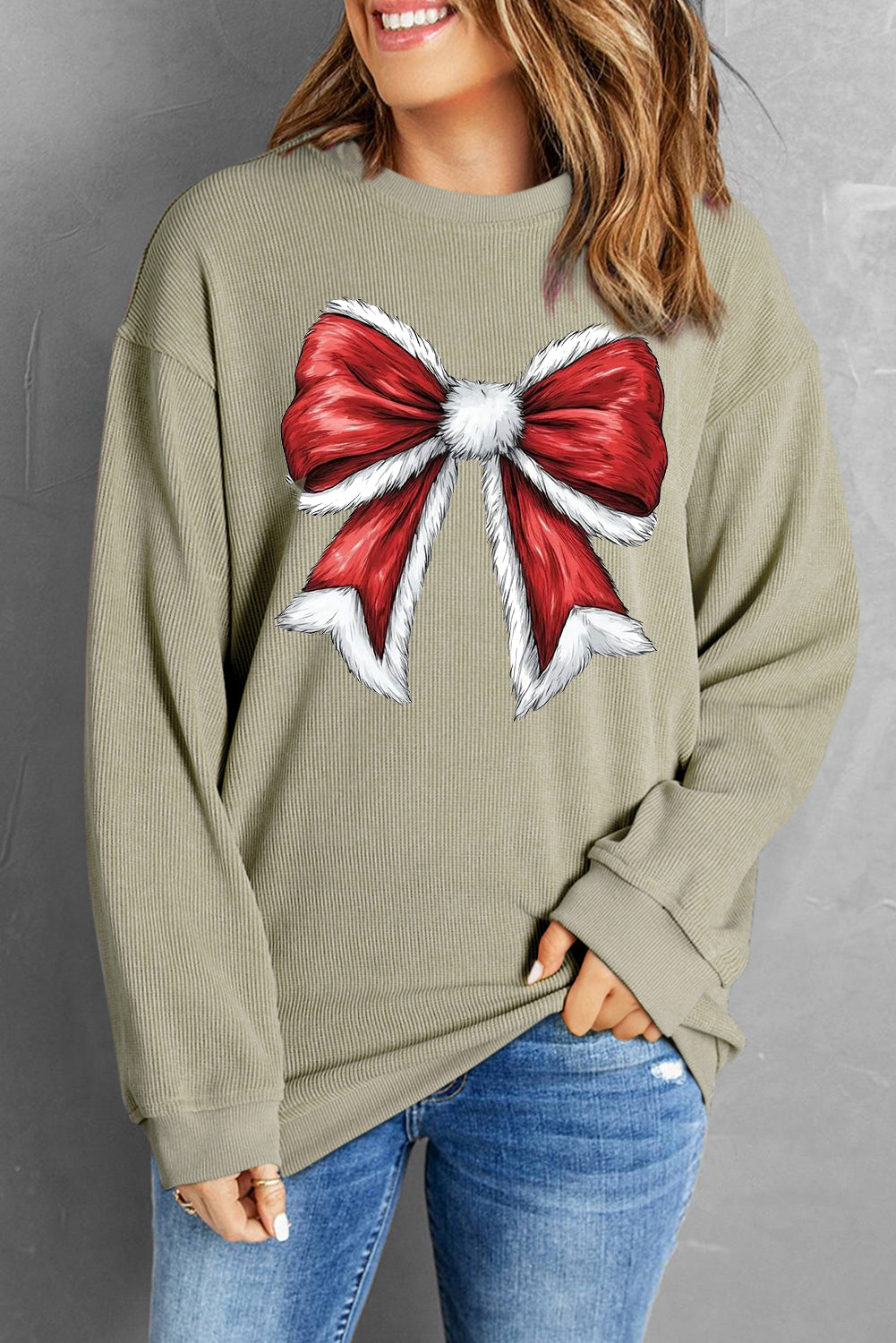 Plain Round Neck Red Big Bow Pattern Pullover Sweatshirt